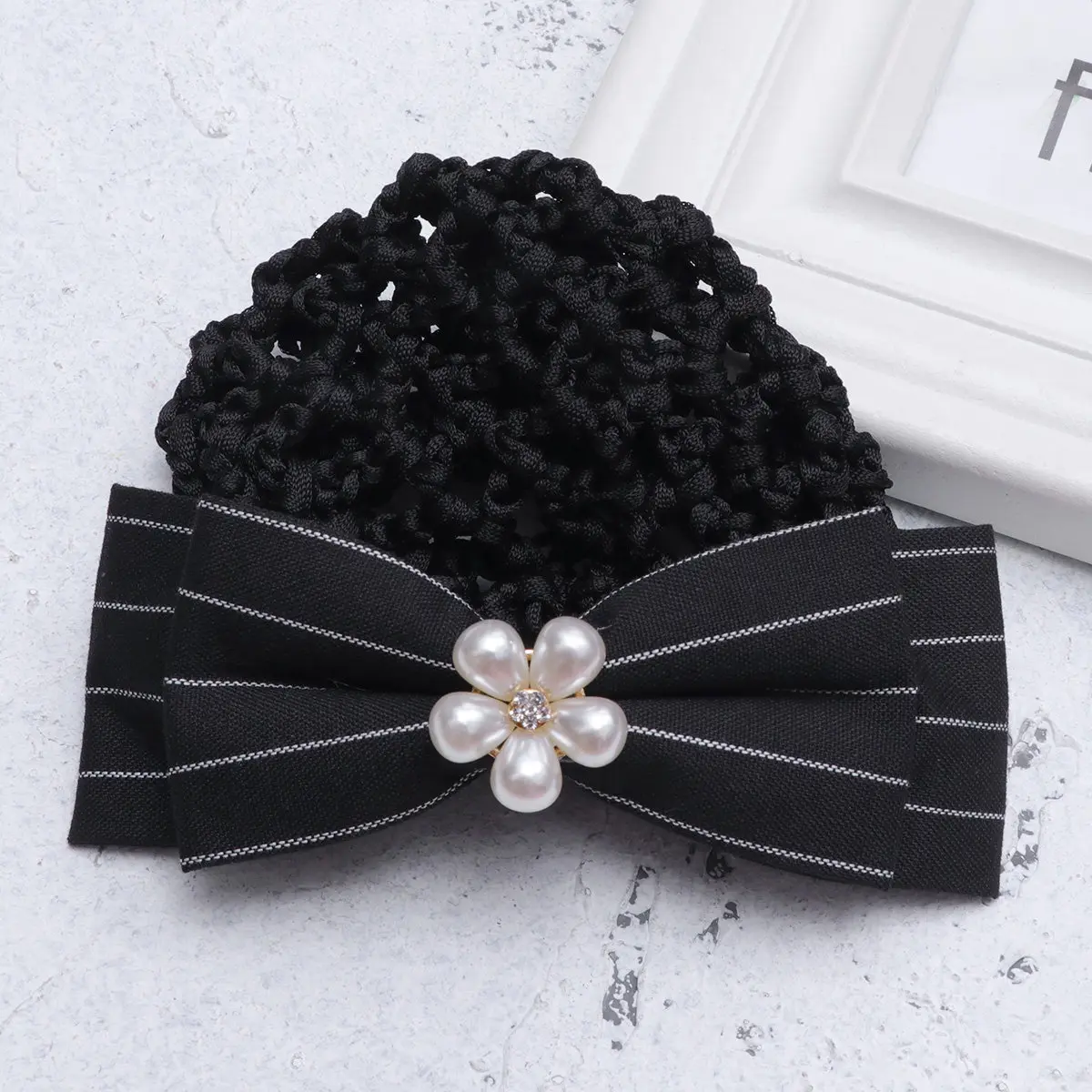 Bowknot Design Pearl Studded Hair Net Black White Striped Elegant Snood Hairpin for Work Party Date Women Hair Decoration