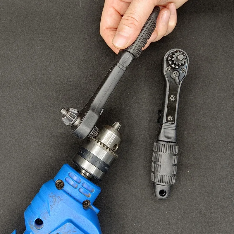 

2 in 1 Steel Ratchet Drill Chuck Key Dual Use Wrench Black Finish Hand Tool with Both Ends Socket Accessories