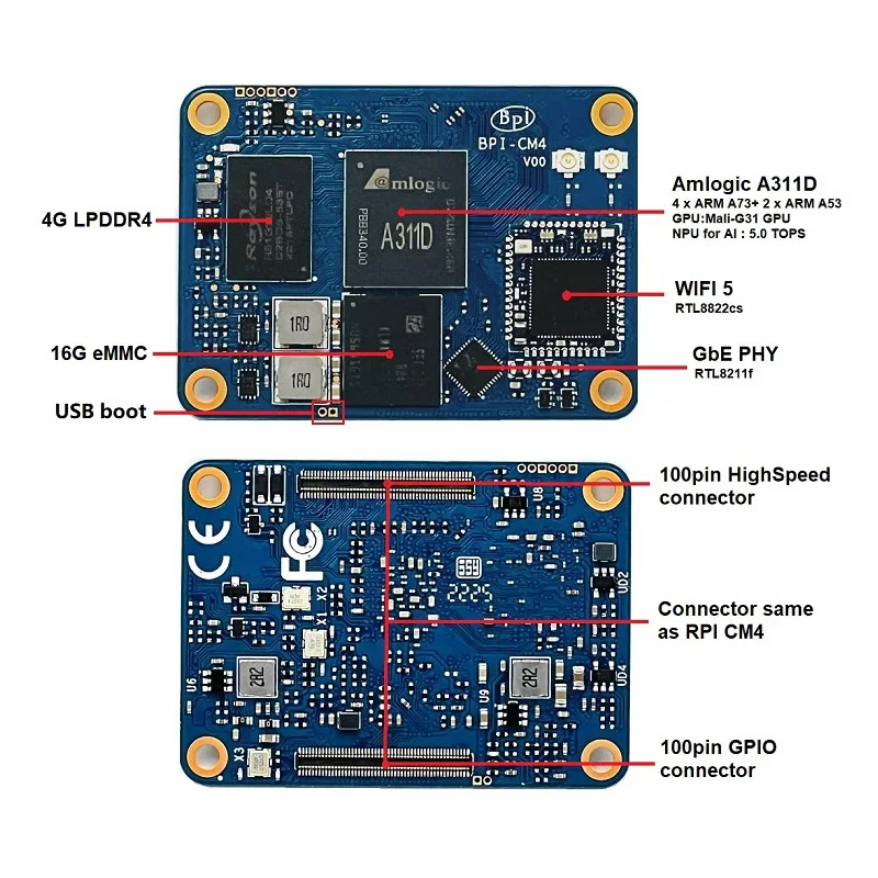 Banana Pi BPI-CM4 Amlogic A311D Quad Core ARM Cortex-A73 4G LPDDR4 16G EMMC Run Android Linux Optional IO Board