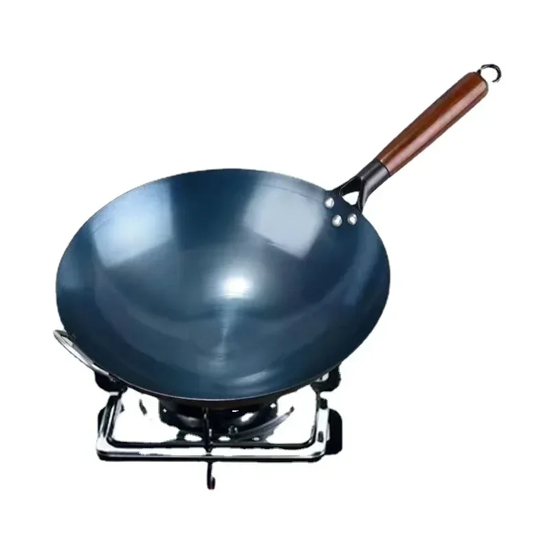 Traditional Chinese Seasoning Iron Wok with Ear,Wooden Handle Uncoated Cooking Wok,Round Bottom Kitchen Cookware for Gas Stoves