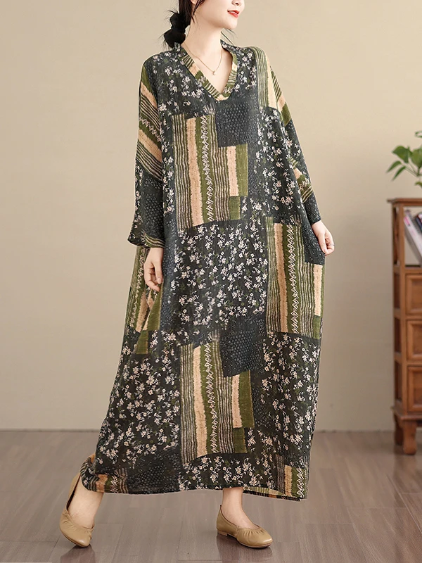 ربيع 2026 المرأة القطن لين دكتور V-Ne السفر الطويل عادية Sle الأزهار طباعة عطلة جوية فضفاضة الخصر تسعة Sve