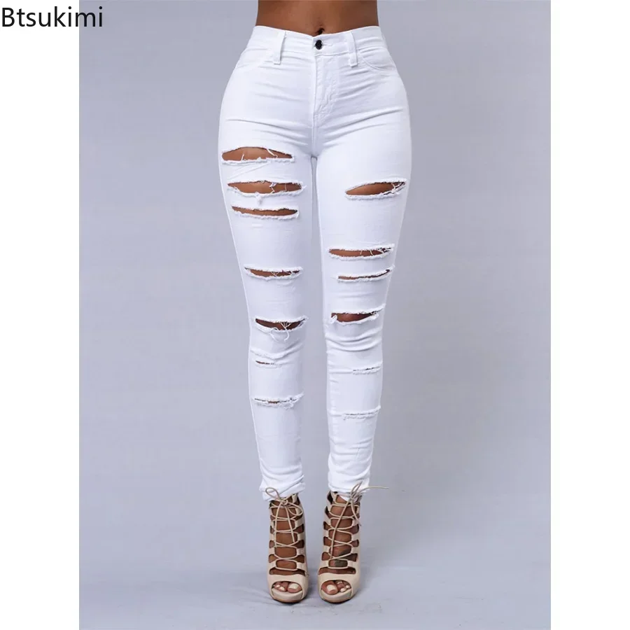 2024 Women\'s Stretch Skinny Ripped Hole Washed Denim Jeans Female High Waist Pencil Y2k Pants Jeans Ladies Casual Trousers Pants