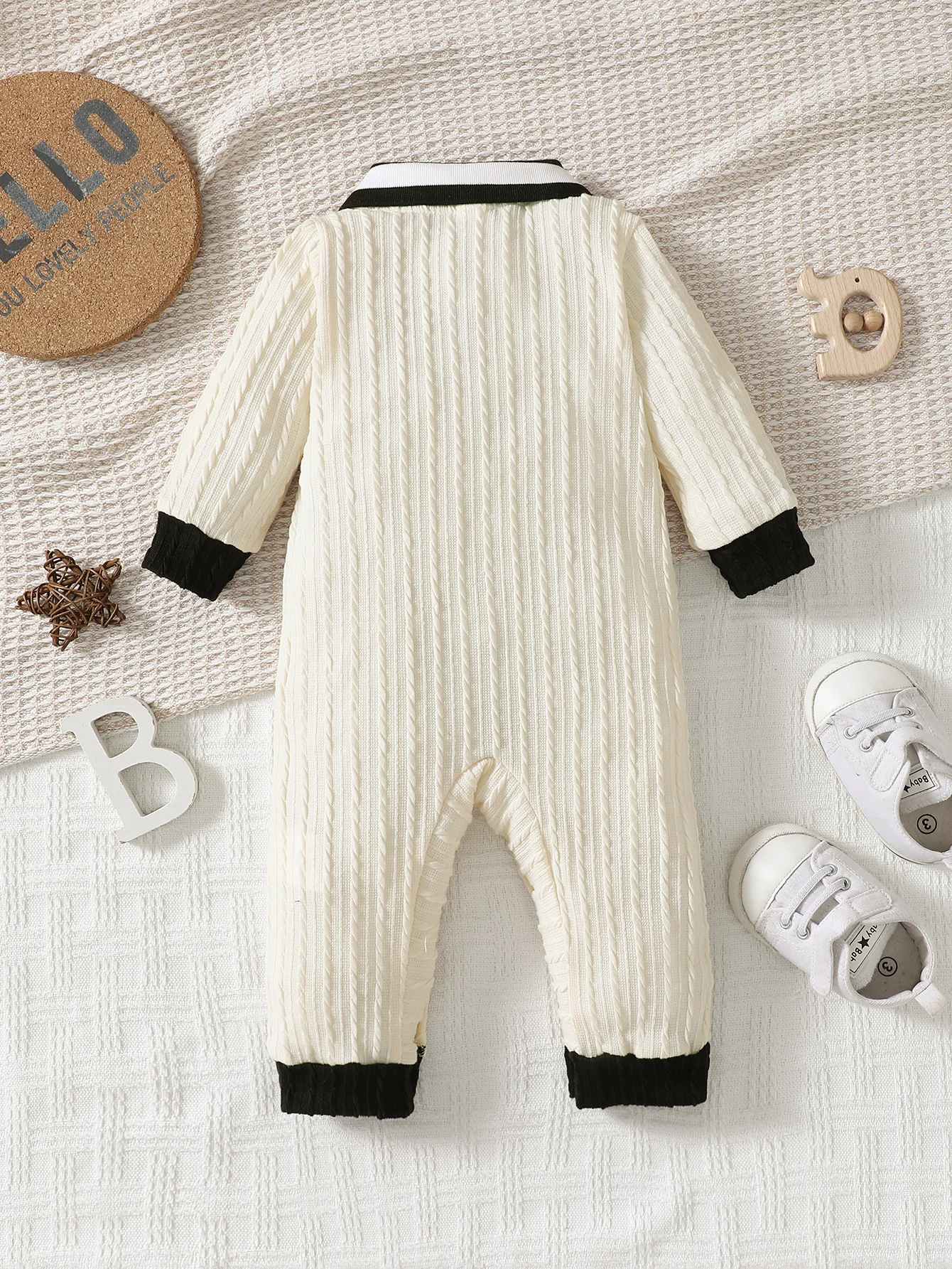 3-24M Ivory White Polo Lapel Formal Handsome Boy Baby Color Contrast Long-Sleeved Jumpsuit Two-Button Spring And Autumn Jumpsuit