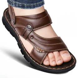 Men's Summer New Sandals and Slippers Men's Leather Sandals Adult Thick-soled Beach Shoes Non-slip Open-toe Leather Sandals