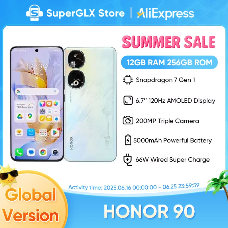 Новая глобальная версия HONOR 90 5G 200MP Ультра-прозрачная камера Snapdragon 7 Gen 1 5000 мАч Срок службы батареи 66 Вт Нагнетатель 120 Гц Дисплей