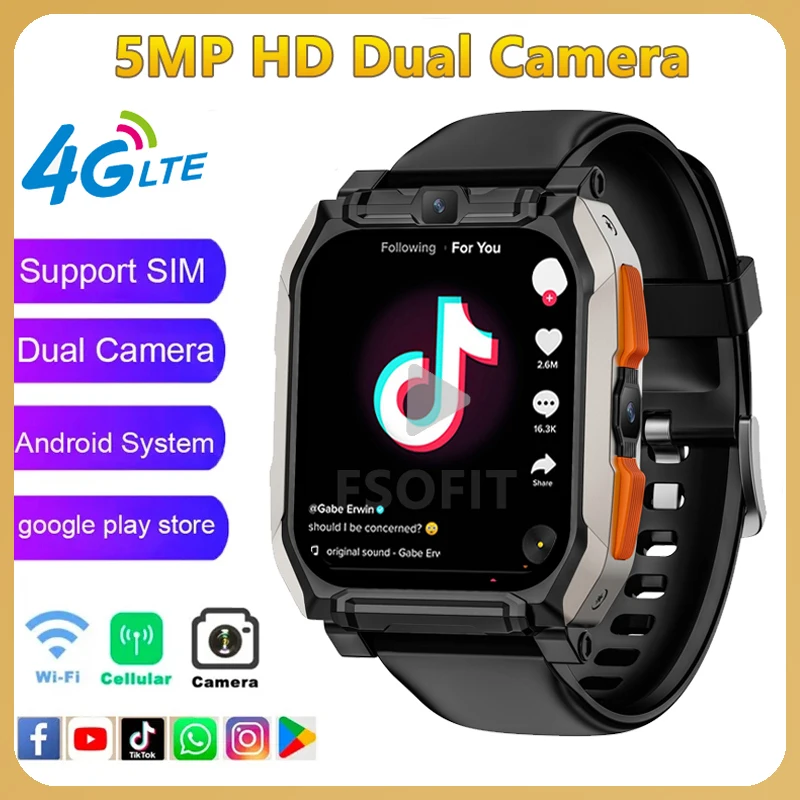 

5MP HD Dual Camera Google Play Smart Watch 4G Net Sim Card Tiktok Youtube GPS Position WIFI Call Bluetooth Android 9 Smartwatch