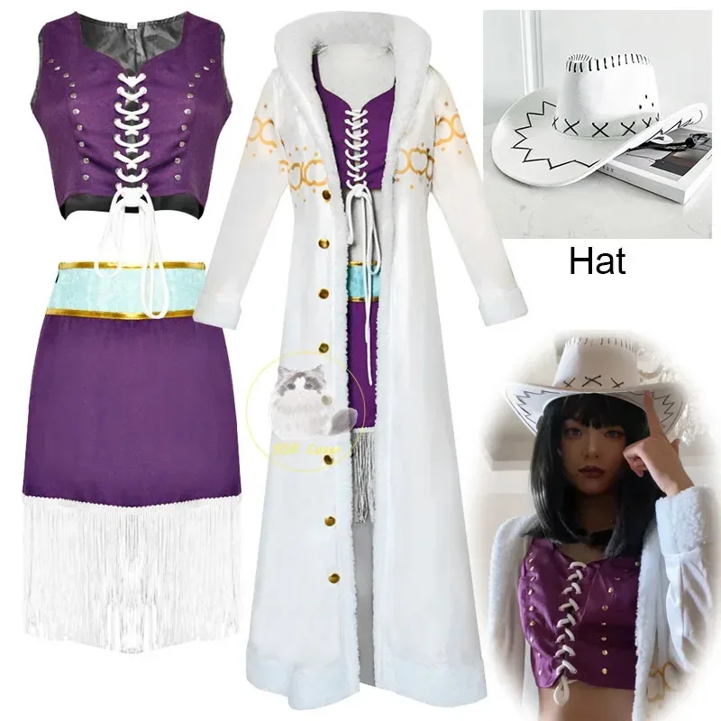 Uniforme de vestido morado de anime de Nicole Robin con cuello largo de piel, capa blanca y traje de sombrero, adecuado para Halloween y Navidad