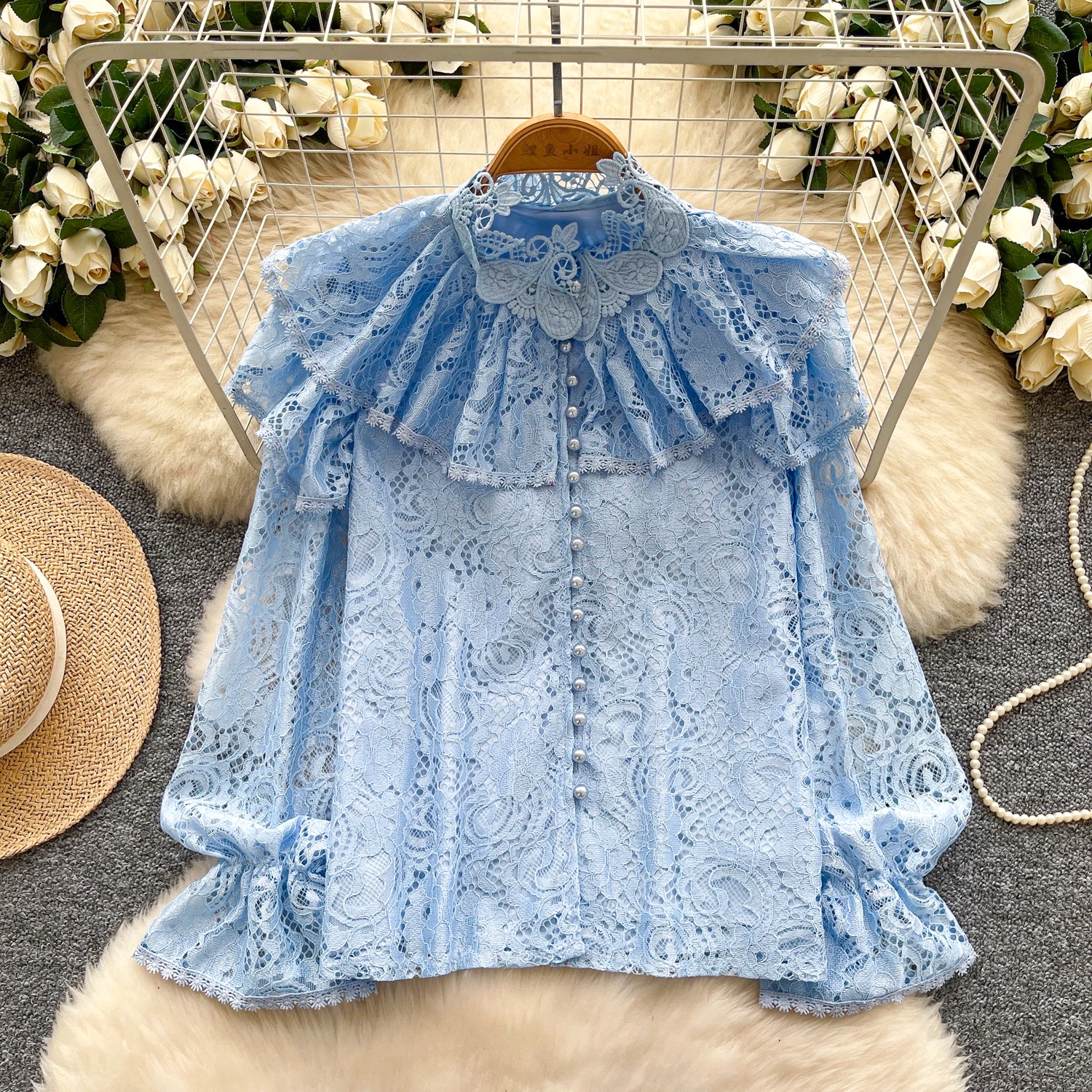 

Vintage Basics Chic ruffle lace long sleeve Top office lady French Streetwear High Street Blouse