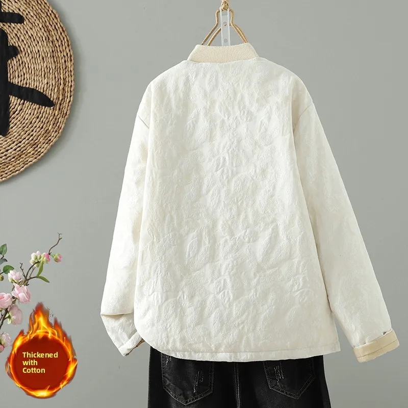 여성용 가벼운 겨울 면 자켓 패셔너블 다용도 추상 패턴 자수 따뜻한 코트 스탠드 칼라 버튼