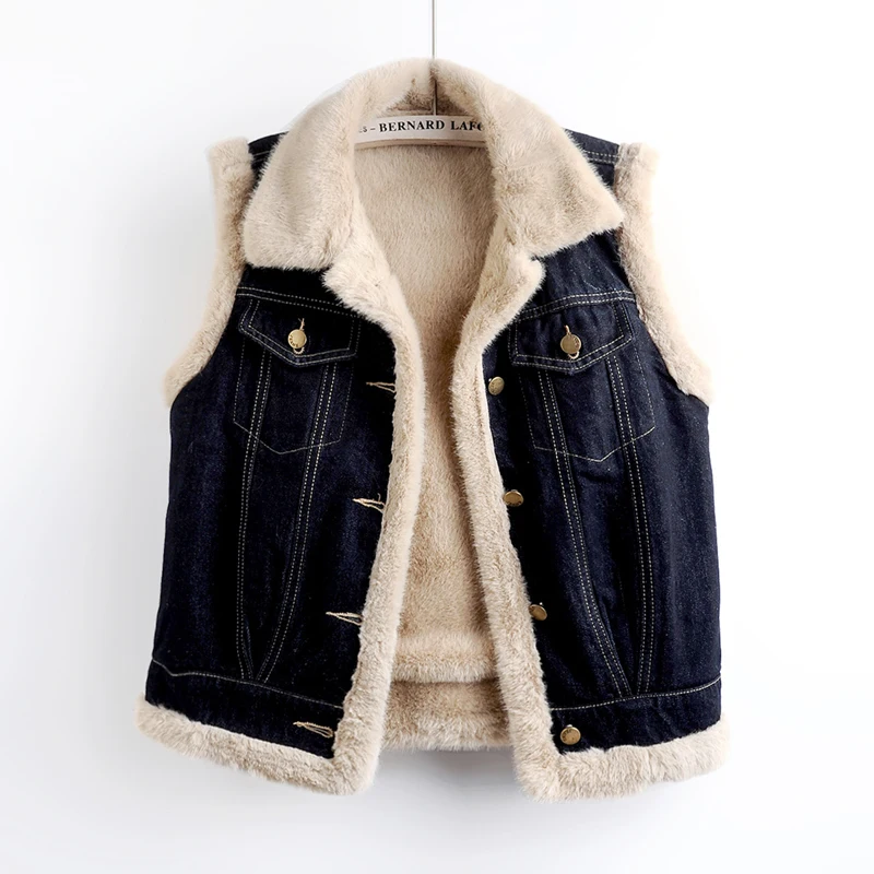 

Autumn Winter New Thick Lambswool Liner Denim Vest Women Slim Cowboy Waistcoat Vintage Sleeveless Jeans Vest Jacket Coat Female