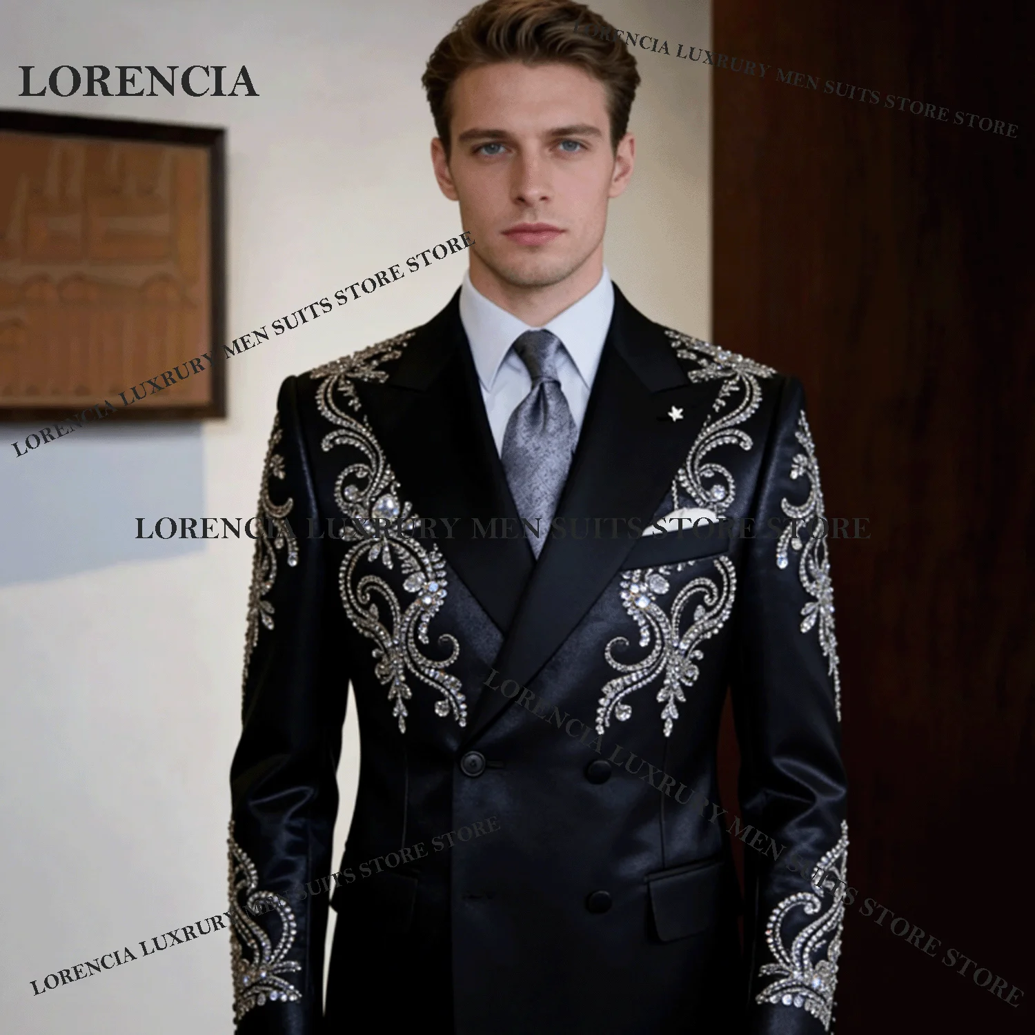 

Customized Sparkly Gem Men Suit High End Diamond Double Breasted Wedding Tuxedos Slim Ropa hombre 2 Pieces Set Groom Male Blazer