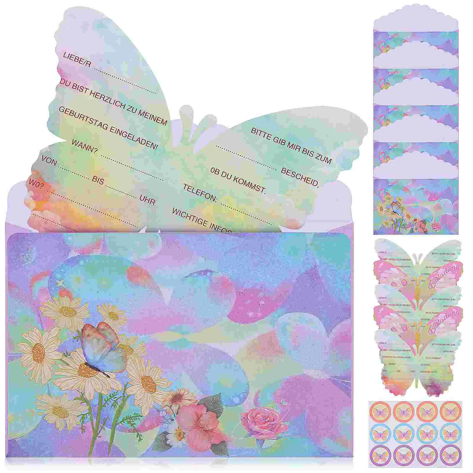 12 Sets German Version Butterfly Birthday Party Invitation Card Bulk Cards Cartoon Invitations Decorations Supplies for