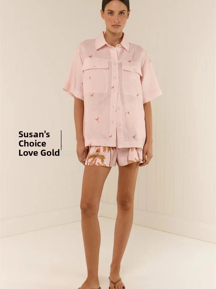 

Susan Australian Holiday Sle Cotton Linen Pink Hand-painted nut Tree Print irt orts Set Women's Faion Winter Outfit