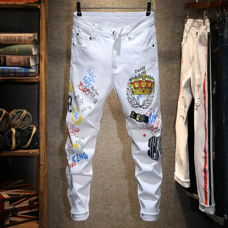 

Personality fashion White jeans men's fashion hot stamping flower embroidery street handsome slim fit skinny stretch trousers