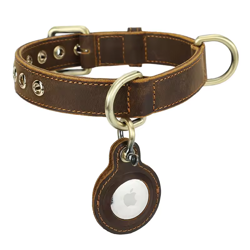 New Luxury Genuine Leather Airtag Collar Crazy Horse Pet Collar For Dog Cat Anti-Lost Adjustable Puppy Collar With Airtags Case