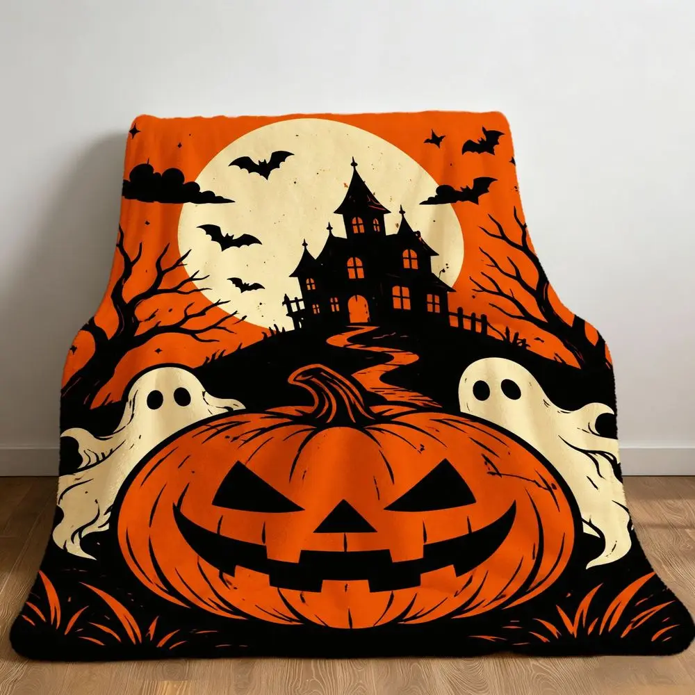 Halloween Flannel Throw Blanket Pumpkin Haunted House Ghost Spooky Fall Decor Cozy Seasonal Gift Idea