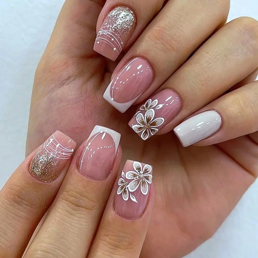 24 pçs flor rosa floral imprensa em unhas de comprimento médio quadrado acrílico unhas falsas glitter em pó design prego simples francês unhas falsas