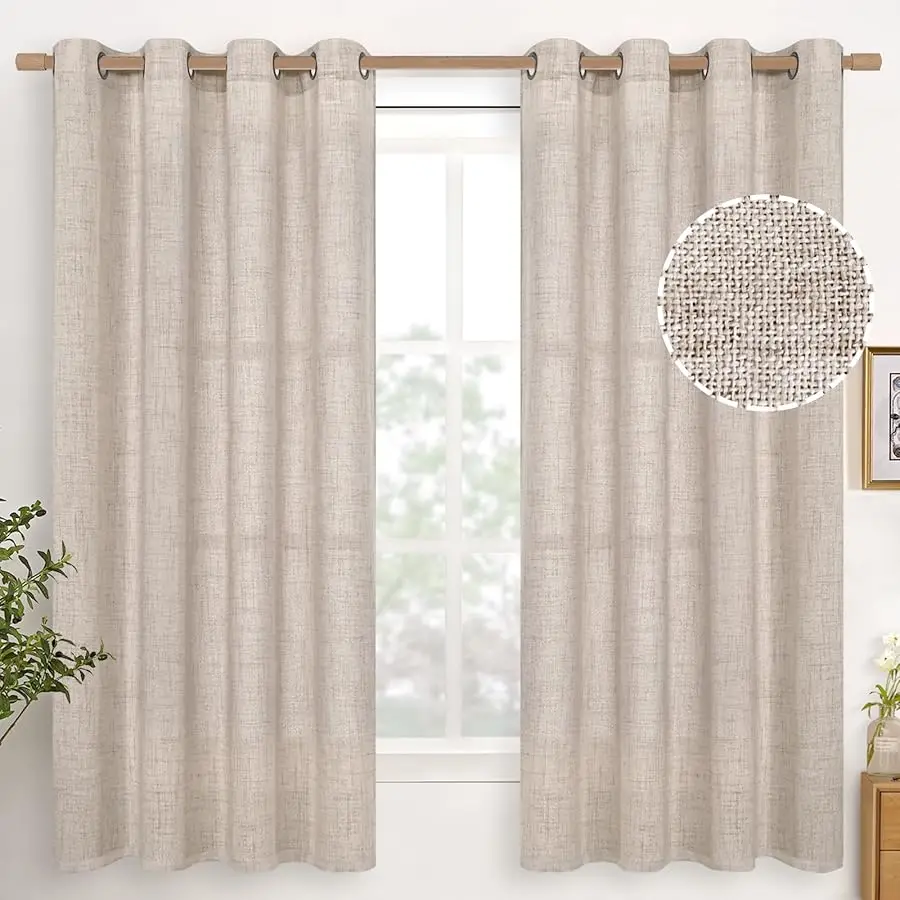 

Linen Semi Sheer Curtains 63 Inch Length 2 Panels for Li ing Room - Light Filtering Drapes with Bronze Grommet Beige Window Trea