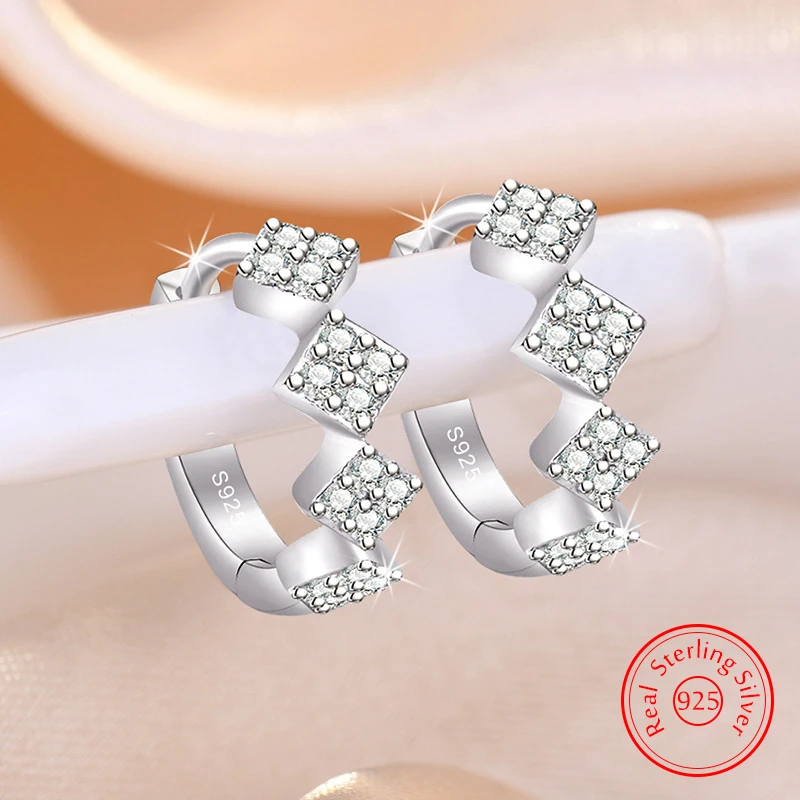 Real 925 Sterling Silver Women's New Crystal Jewelry Square Hoop Earrings XY0181