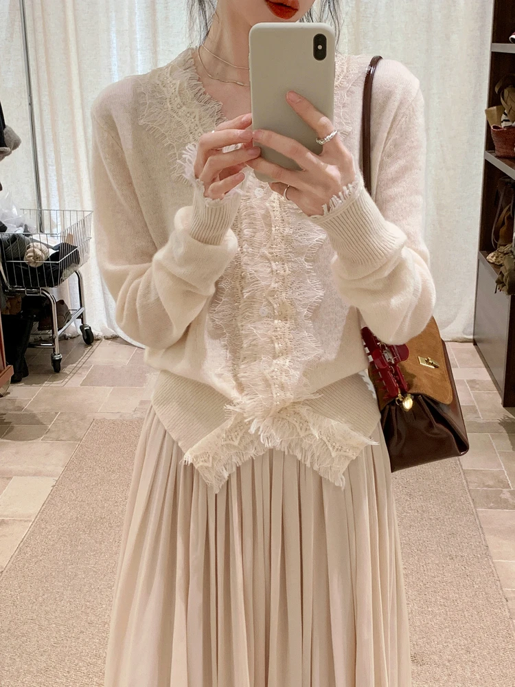 

BRIVIN Korean Sle Lace Woolen Sweater Women's Winter Base Layer Slimming Top Casual Loose Fit Knitted V-Ne Long Sve