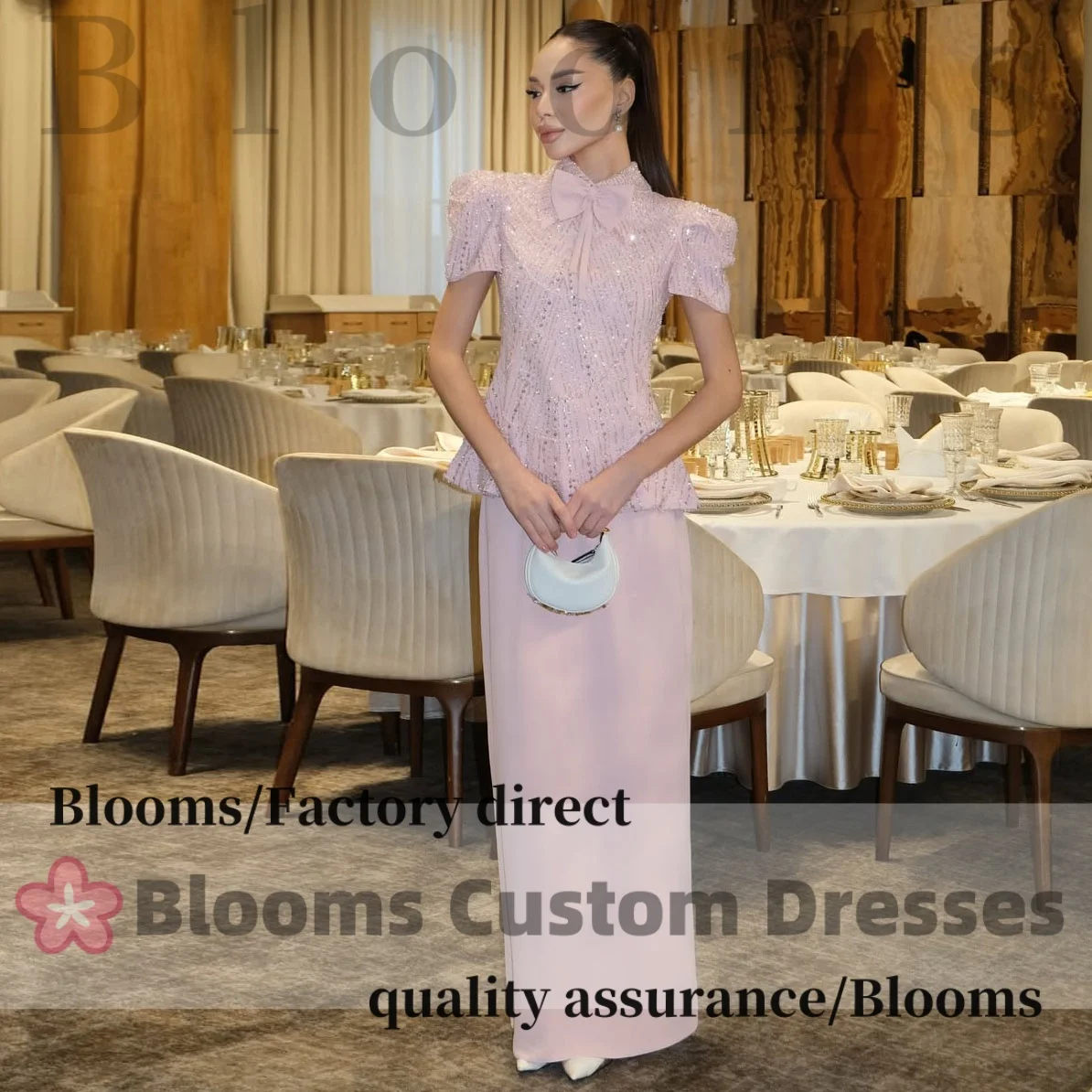 

Customized Beaded Sequins Exquisite Pink Evening Dresses 2 Piece Set Short Sleeves Bow Elegant Formal Party Dress For Prom