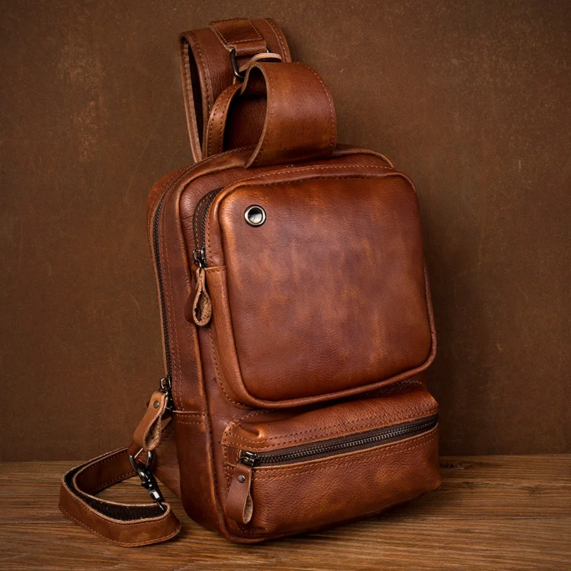 Vegetable tanned cowhide hand-colored chest-wrapped leather shoulder bag leisure leather chest bag trend