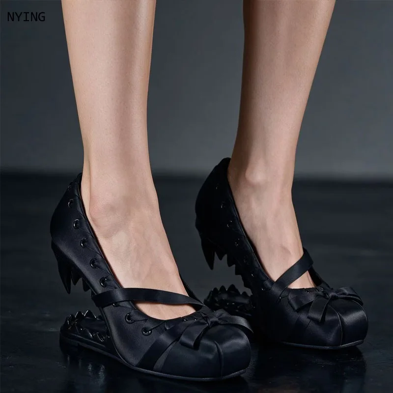 Women's 2026 New Fashion Rivet Satin Shallow Mouth Mary Jane Shoes Spring and Summer Square Toe Lace Up Heel Shoes