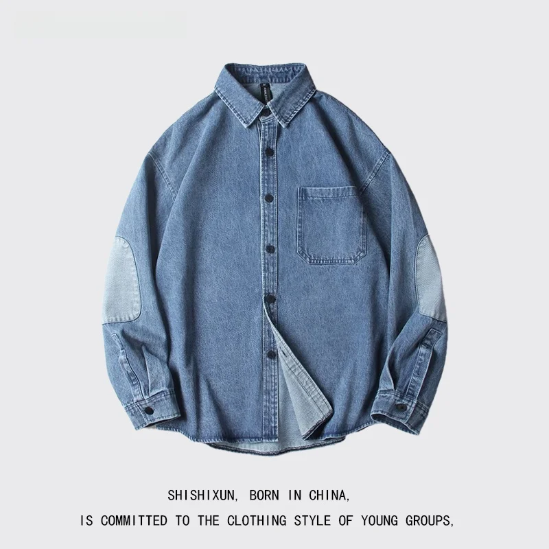 

Весенние свободные мужские джинсовые длинные нашивки на локтях Sve irt, японский топ в стиле ретро, молодежный топ Jaet, повседневный деловой топ