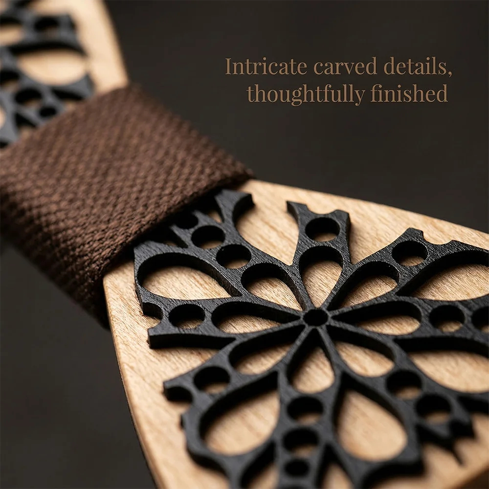 wooden-bow-tie-set-for-men-floral-cutout-dark-wood-pattern-wedding-bowtie-cufflinks-brown-pocket-square-gift-box-formal-party