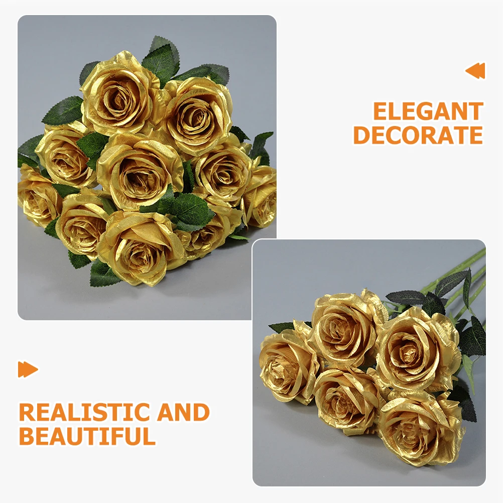 

Artificial Silk Rose Flowers Gold Color Realistic Decorative Vase Fillers Flash Fake with Stem Mother Day Gift