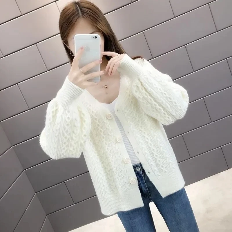 

Korean Fashion Casual Jacket Cardigan Plus Size Loose Solid Color Knitted Sweater Spring Autumn Sweet V-Neck Lantern Sleeve Top