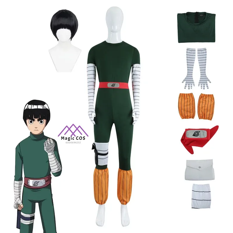

In Stock Anime Ninja Rock Lee Cosplay Costume for Man Combat Uniform Hero Tight Jumpsuit Wig Accessory Suit Halloween Party