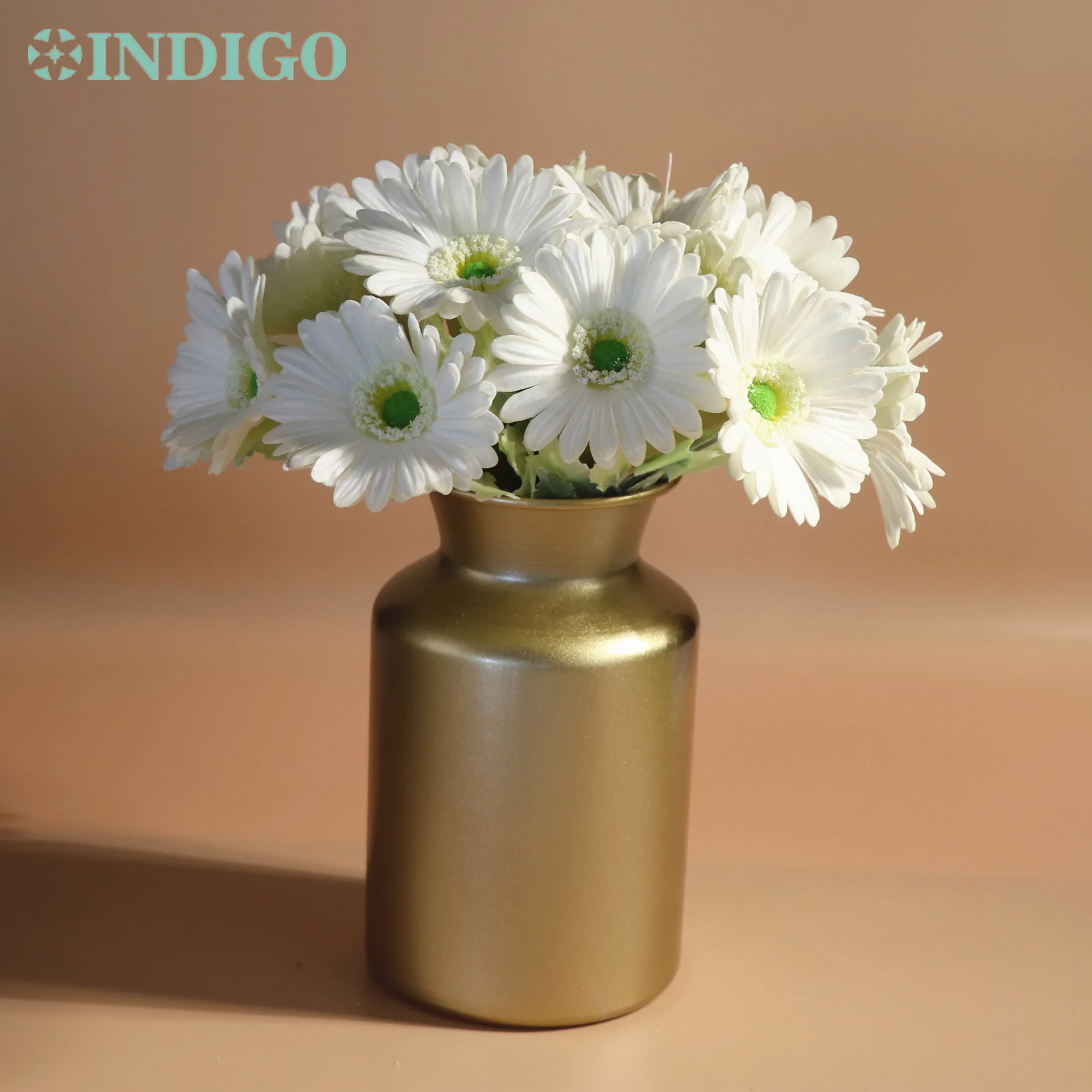 

INDIGO-Real Touch Sunflower for Table Decoration, Floral Arrangmen, White Daisy and Metal Vase, 32cm, 14PCs