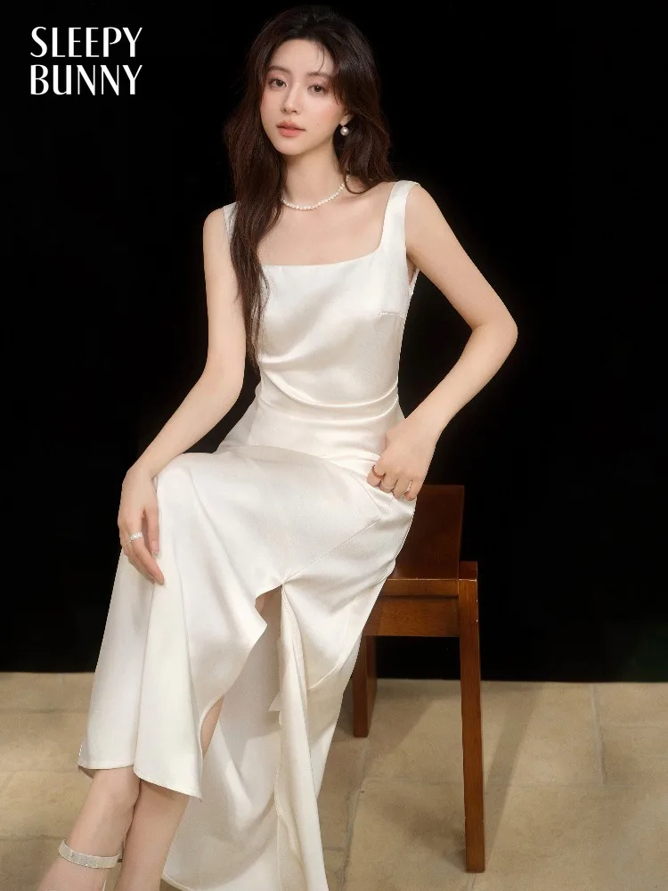 

Women Vintage Satin Square Neck Maxi Dress Lady Elegant Sleeveless Slit Long Dress Slimming Draped Casual Spring Evening Outfit