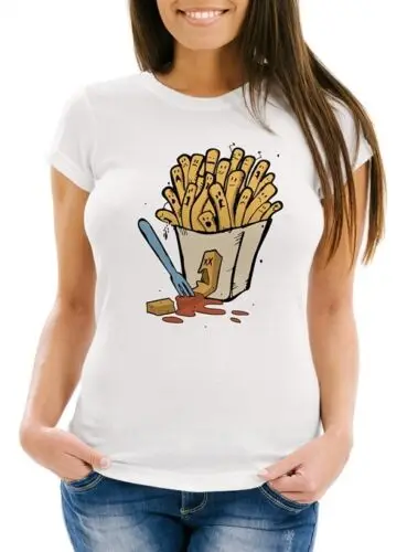 Damen T-Shirt Pommes Frittes Ketchup lustige Comic Zeichnung Frauen Fun-Shirt