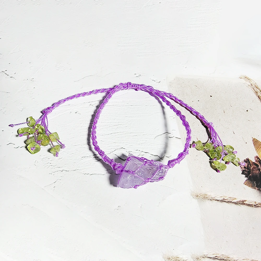 Natural Raw Amethyst Wire-wrapped Bracelet Irregular Peridot Healing Crystal Inspired Spiritual Charm Women Jewelry Gift