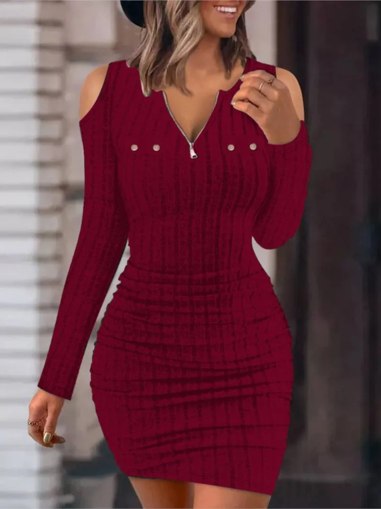 Fashion Woman Dress 2024 Autumn Winter Cold Off Shoulder Zipper Ribbed Casual Plain Long Sleeve Bodycon Mini A Line Dresses