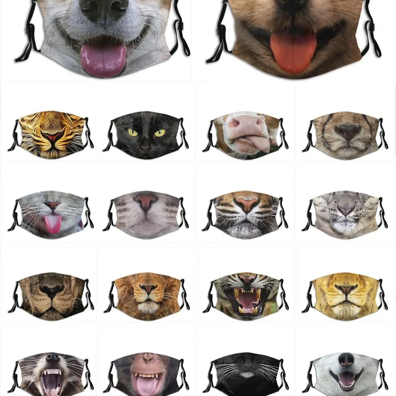 Funny Animal Face Mask, Tiger Cat Dog Monkey Pig Printed Reusable Washable Face Cover, Cartoon Cosplay Mask for Party