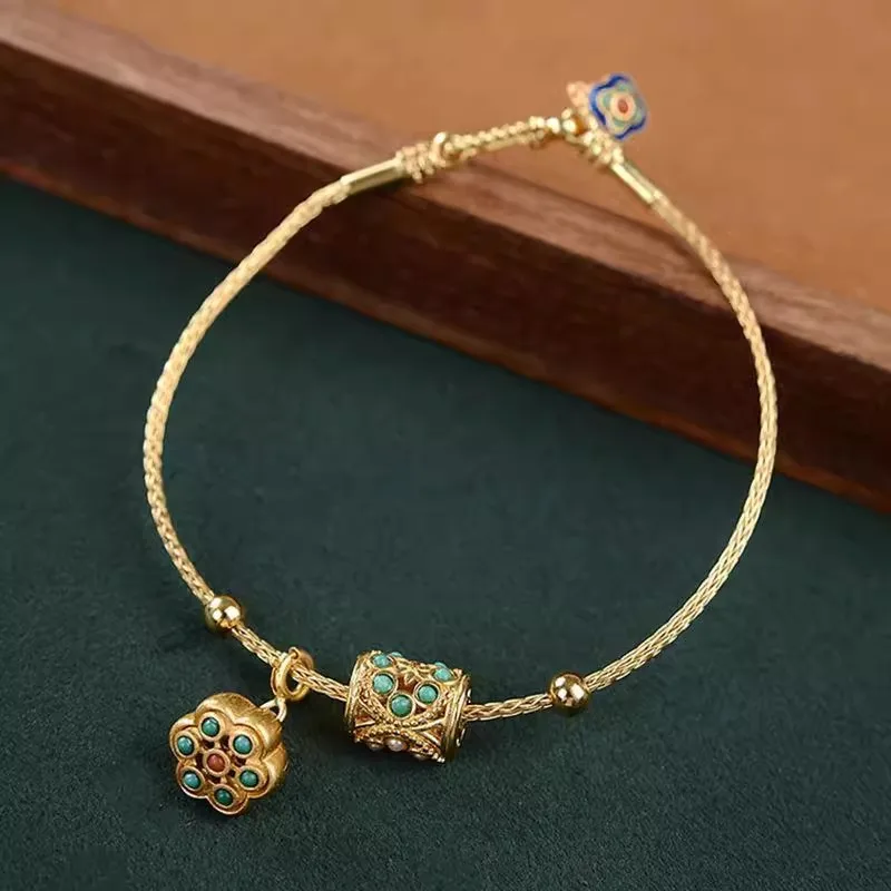 Ancient Gold Craftsmanship Inlaid Turquoise Lotus with Adjustable Bracelet Temperament Retro Palace Ancient Ladies Jewelry