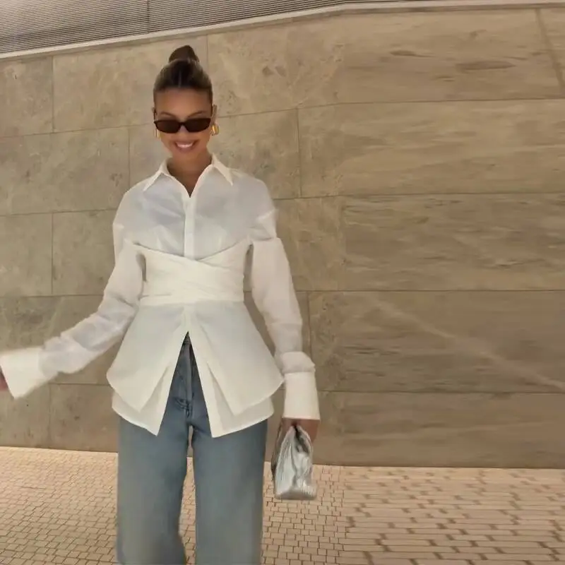 

Элегантные офисные женские рубашки, однотонные женские рубашки с длинными рукавами и лацканами на талии, весенняя мода 2024, новая женская пригородная одежда