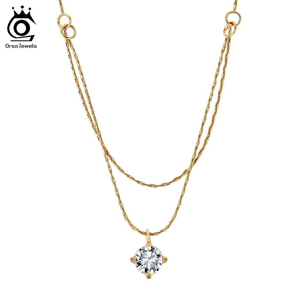 

ORSA JEWELS Design Double Layer Stainless Steel Necklace Girls Minimalist Shiny Cubic Zircon Collar Chain Jewelry Gift STKN12
