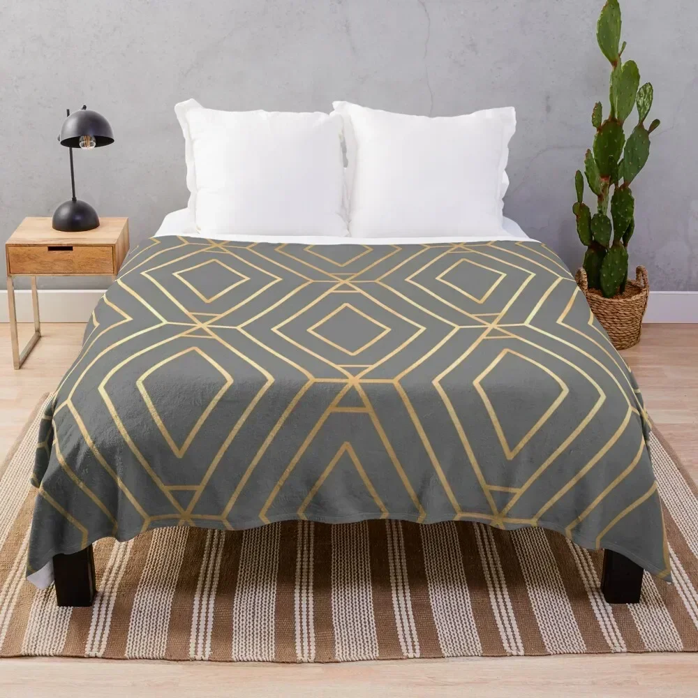 

Grey & Gold Diamond Geometric Throw Blanket Thermal Custom Hairy Camping Blankets