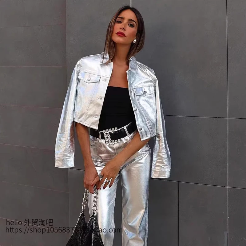 Chic Silvery Women's Pants Set Fashion Lapel Single Breasted Crop Jacket Straight Trousers Suit 2024 Spring Lady Elegant Outfit