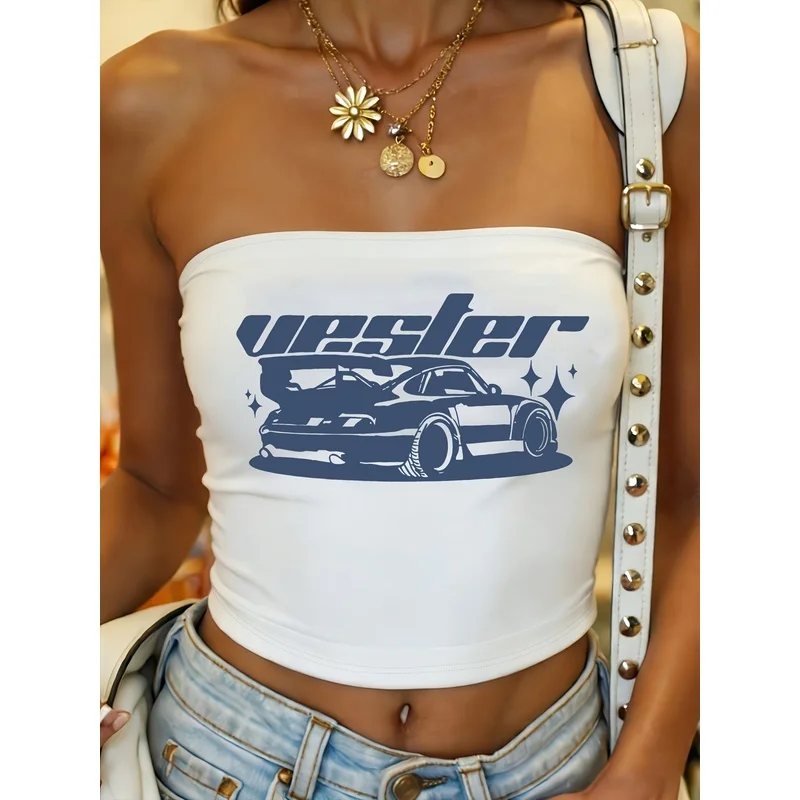 Retro Race Car Vester Letter Print Tube Top Women Y2K Streetwear Strapless White Cropped Bandeau Top
