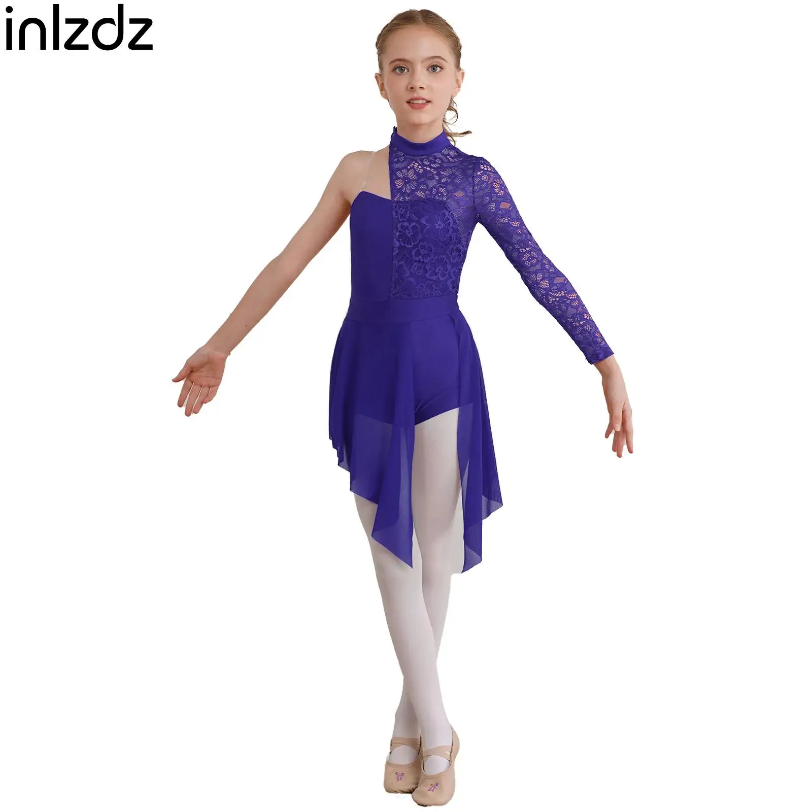 

Kid Girl One Shoulder Lyrical Modern Dance Dress Lace Asymmetric Split Ballet Gymnastics Figure Skating Leotard Dress Dancewear