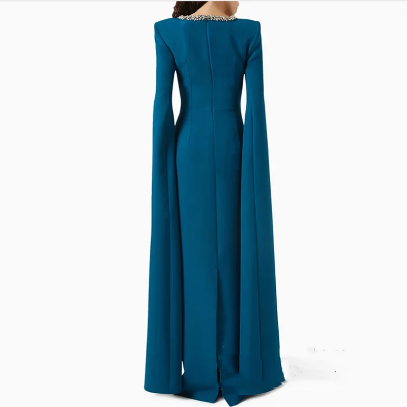 مناسبة خاصة فستان سهرة عربي أنيق مخصص برقبة دائرية وأكمام طويلة كريستالية مستقيمة للحفلات الراقصة