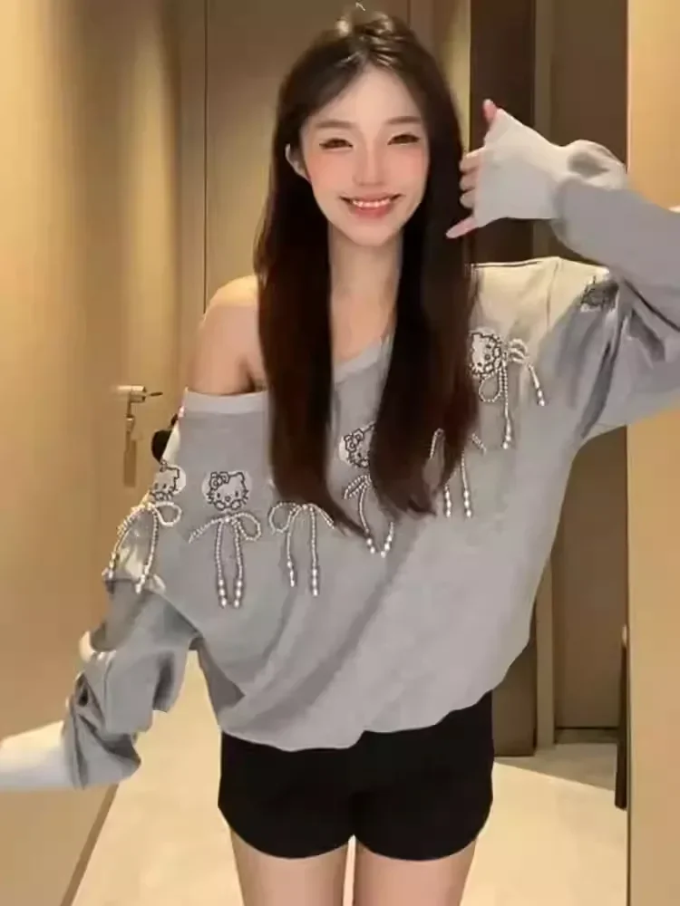 Sanrio Hello Kitty Print Off-shoulder Sweatshirt Y2k Spring Sexy Hot Girls Long Sleeve Shirt Fashion Loose Women's Diamond Top