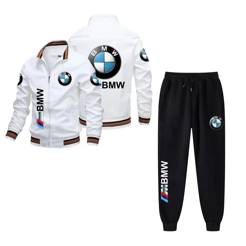 ชุดแจ็คเก็ตซิปพิมพ์ลายโลโก้แบรนด์ BMW สำหรับผู้ชาย เหมาะสำหรับผู้ที่ชื่นชอบรถยนต์ แจ็คเก็ตฤดูใบไม้ผลิและฤดูใบไม้ร่วงแบบสตรีท+กางเกง ชุดสองชิ้น