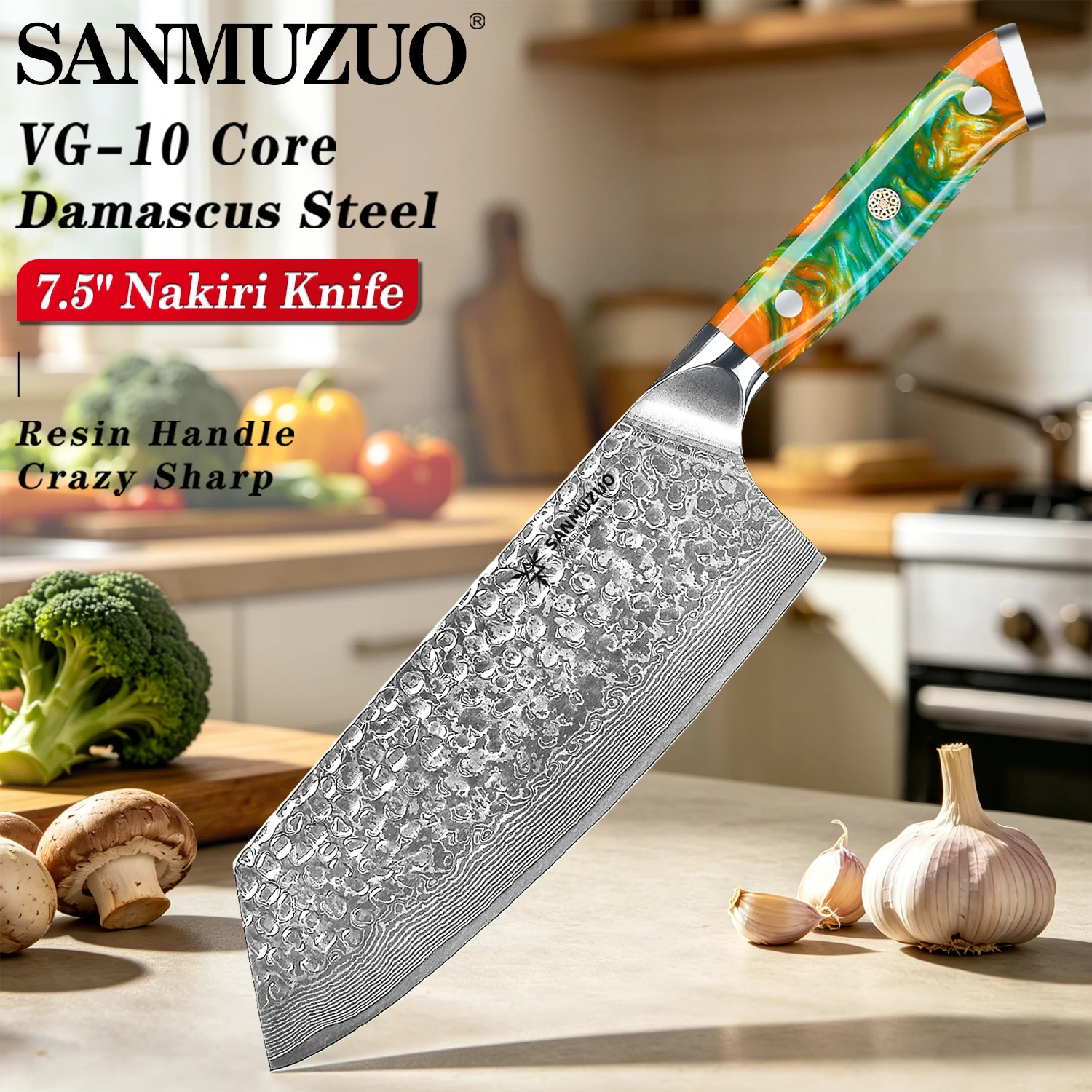 

SANMUZUO 7.5 Inch Nakiri Cleaver Knife - Yao Series VG10 Damascus Steel Kitchen Cooking Chef Knife with Non-Slip Resin Handle