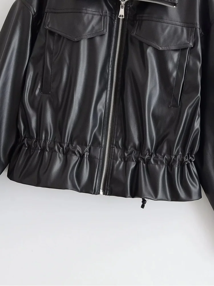 AACHOAE Women Faux Leather Jacket Drawstring Waist Zip Up Utility Short Coat Flap Pocket Casual Streetwear Autumn Outerwear